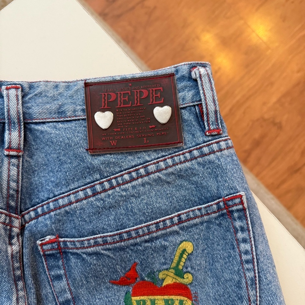 Vintage Rare Pepe Jeans Tattoo Red Heart Dagger Embroidered Y2K 90s High Waisted - Picture 3 of 7